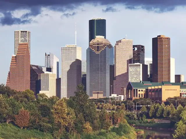 Downtown Houston skyline over Buffalo Bayou